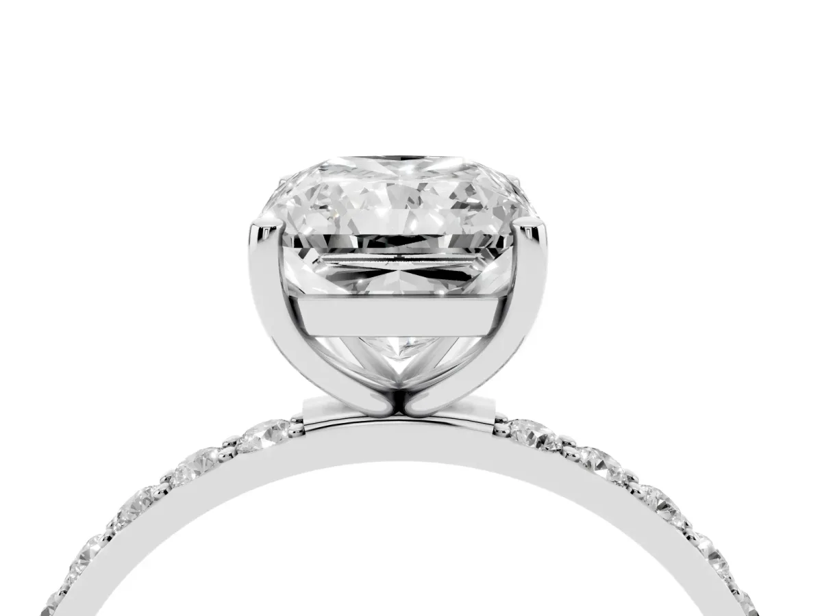 Radiant Cut Diamond Solitaire Ring with Round Pavé Shoulders and Prong Setting Platinum