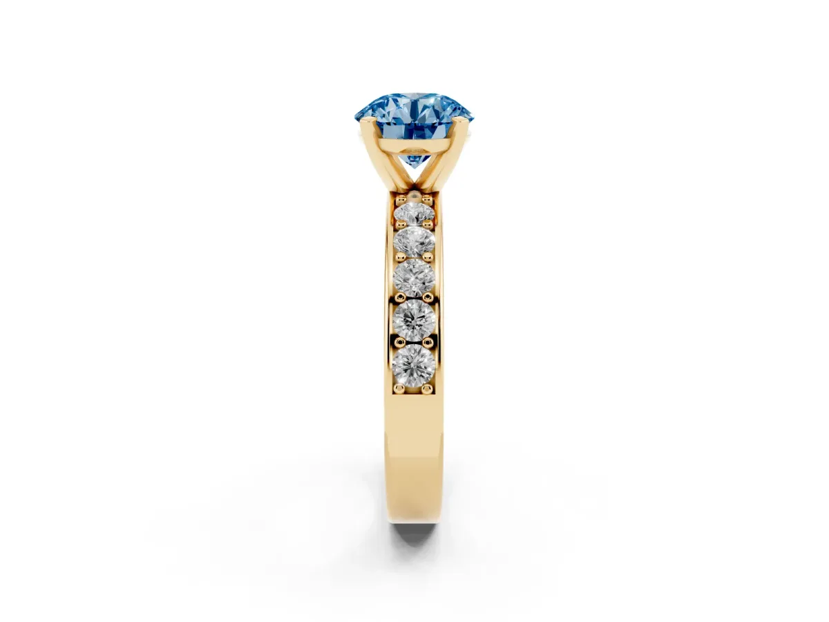 Fancy Blue Round Cut Diamond Engagement Ring with Channel Set Round Band and Prong Setting Yellow gold