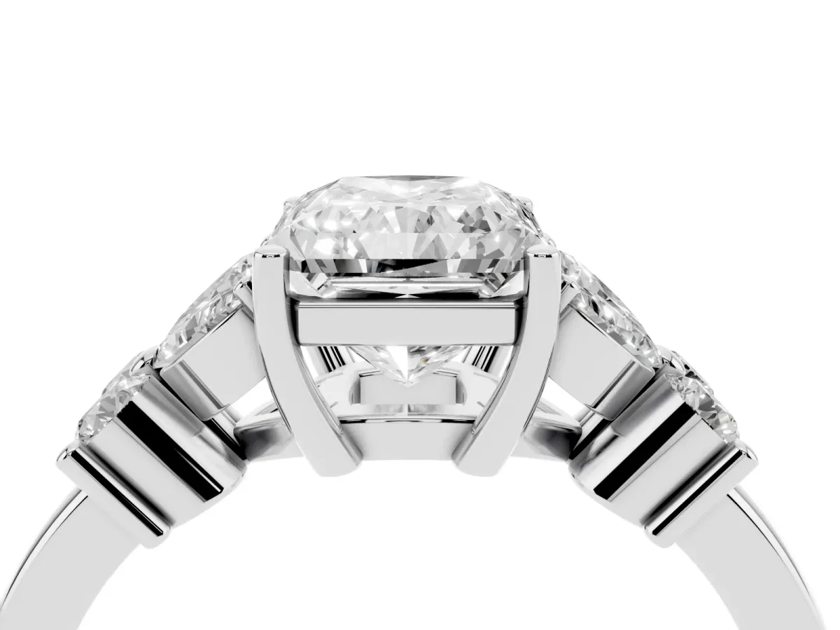 Radiant Cut Diamond Floral Cluster Ring with Solitaire Band and Prong Setting Silver