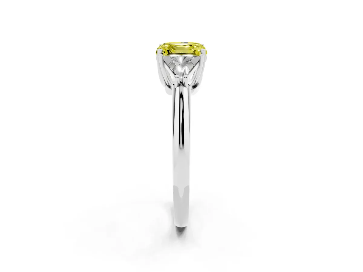 Fancy Yellow Three-Stone Asscher Cut Diamond Engagement Ring with Trillion Side Stones and Prong Setting Silver