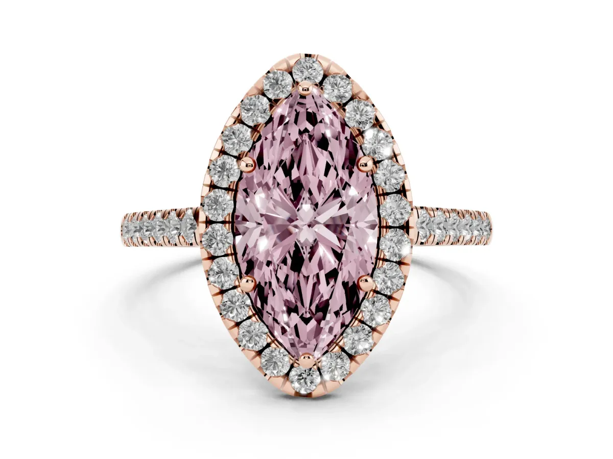 Fancy Pink Marquise Cut Halo Pave Diamond Engagement Ring with Four-Prong Setting Rose gold