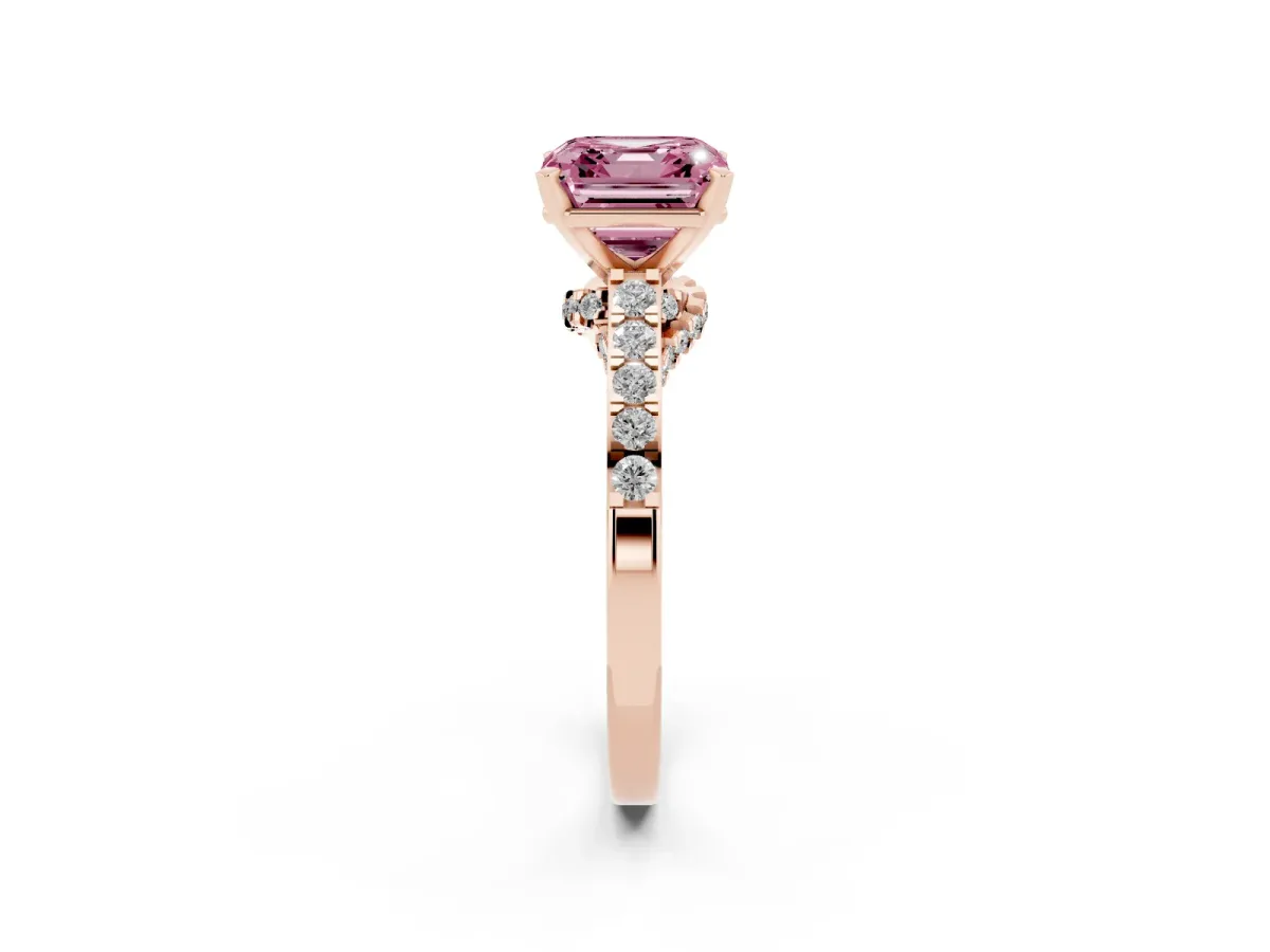 Fancy Pink Asscher Cut Diamond Solitaire Ring with Crossover Gallery and Round Pavé Band Rose gold
