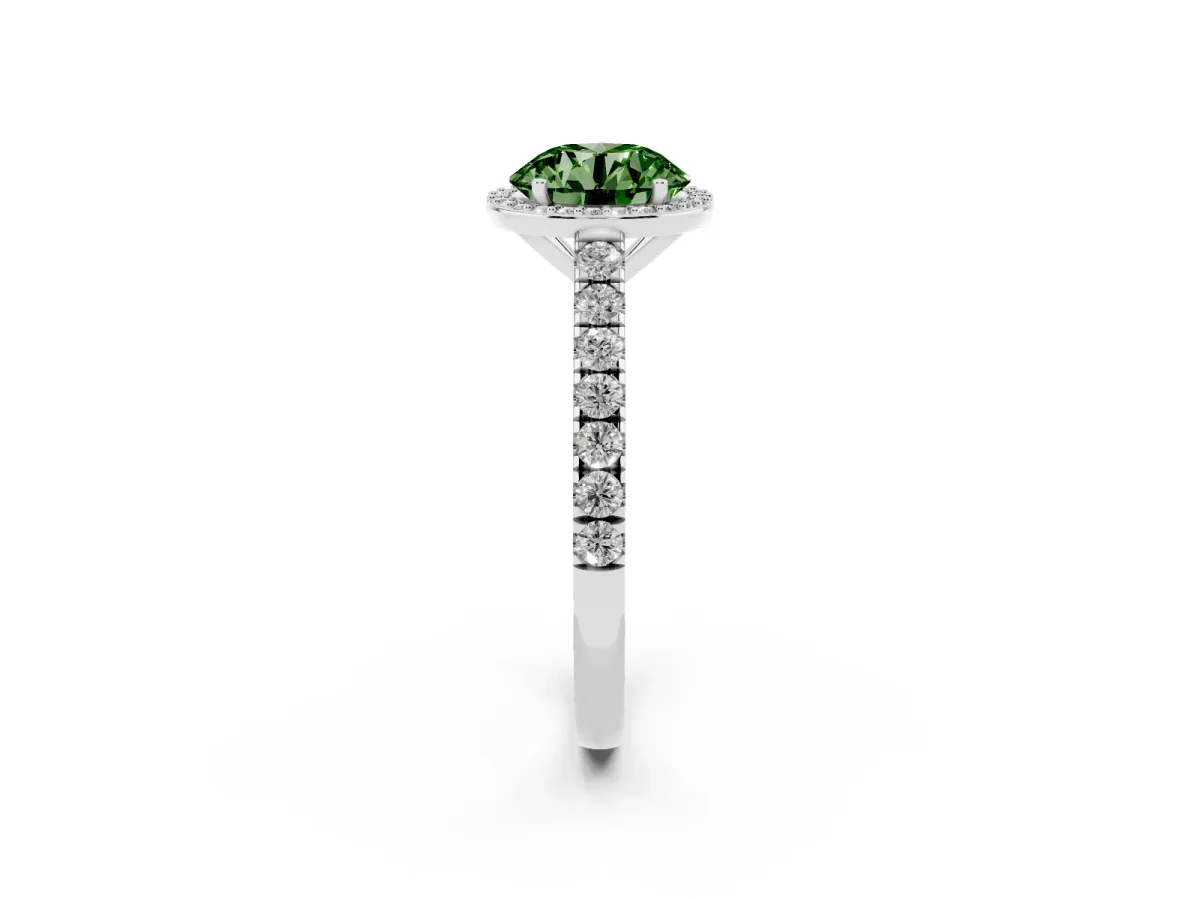 Fancy Green Round Cut Cut Halo Diamond Engagement Ring with Pave Band and Four-Prong Setting Platinum