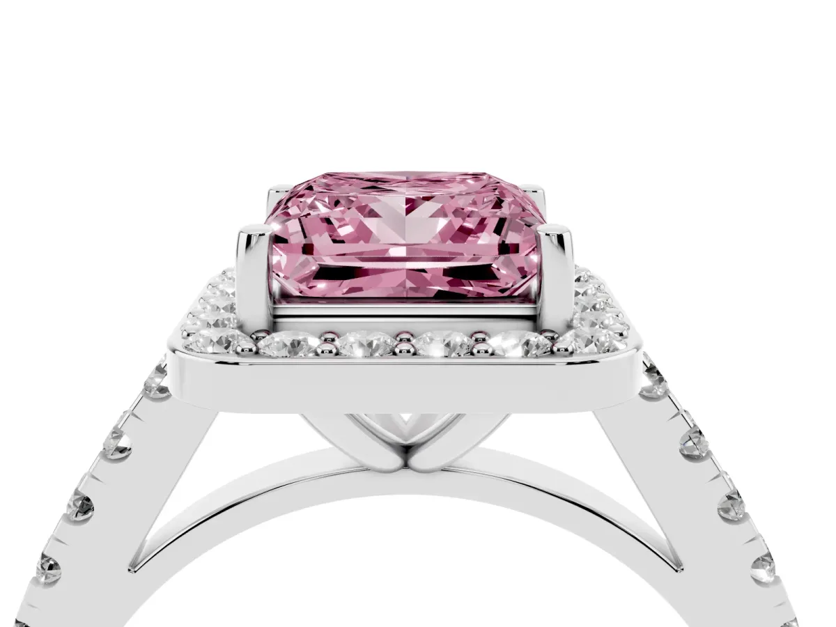 Fancy Pink Princess Cut Diamond Halo Ring with Round Pavé Split Shank and Prong Setting Silver