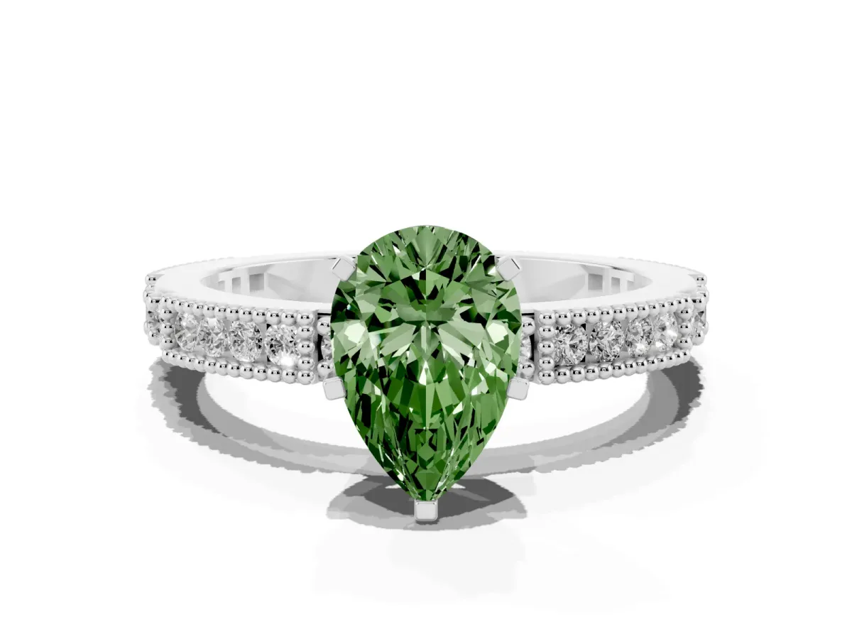 Fancy Green Pear Cut Solitaire with Pavé Band and Four-Prong Setting Silver