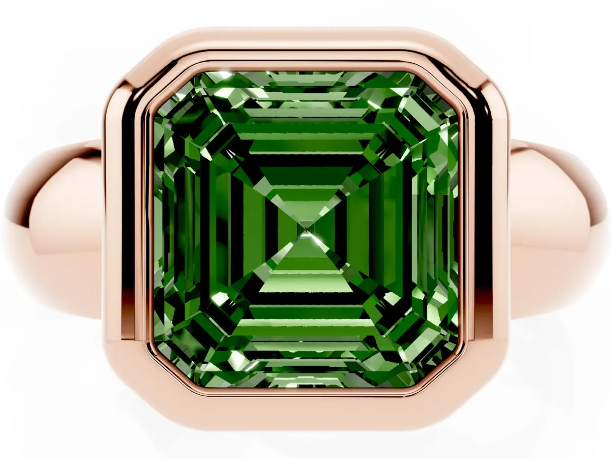 Fancy Green Bezel Set Asscher Cut Solitaire Ring with Wide Band Rose gold