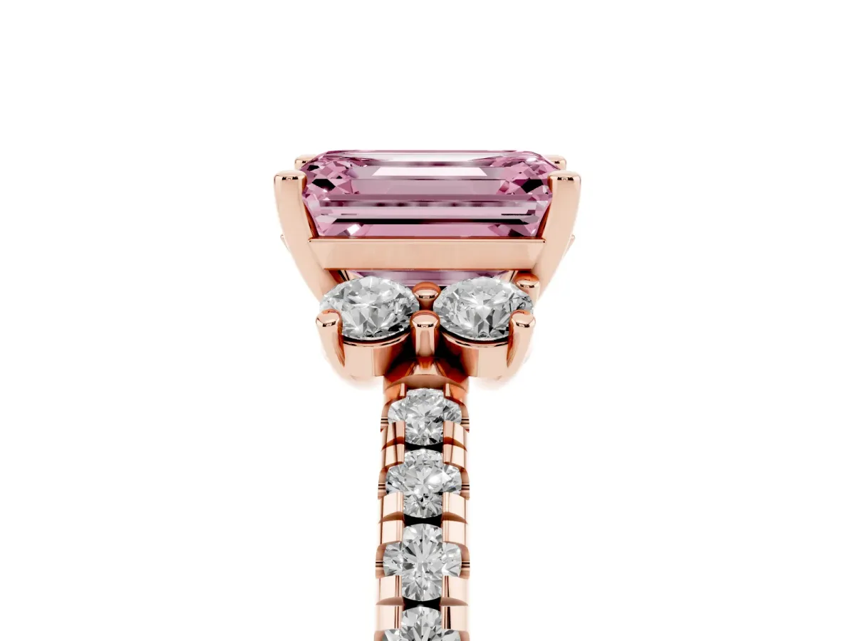Fancy Pink Emerald Cut Diamond Three-Stone Pave Band with Four-Prong Setting Rose gold