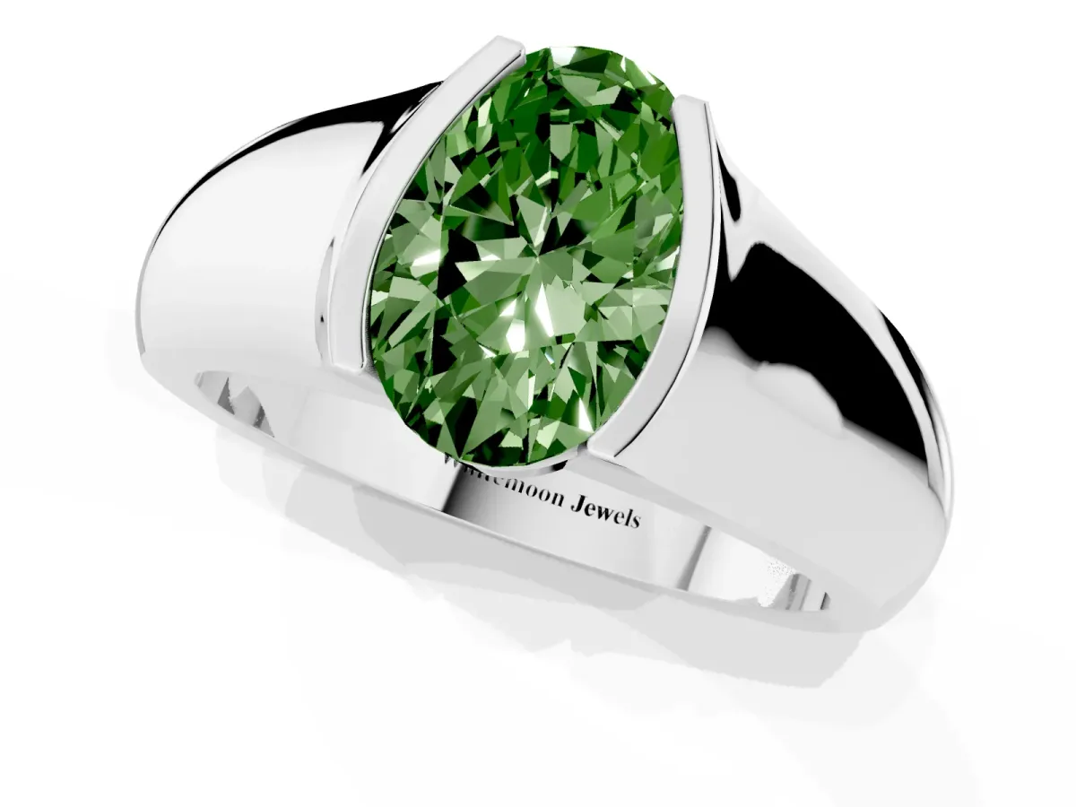 Fancy Green Oval Cut Solitaire Bezel Set Diamond Ring with Wide Band Platinum