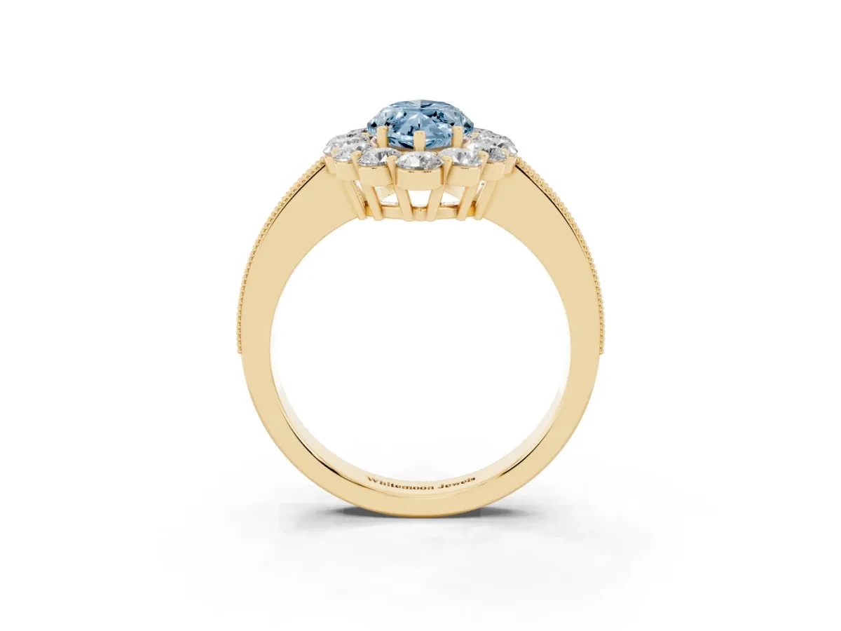 Fancy Blue Marquise Cut Cut Halo Diamond Pavé Engagement Ring with Milgrain Detailing Yellow gold