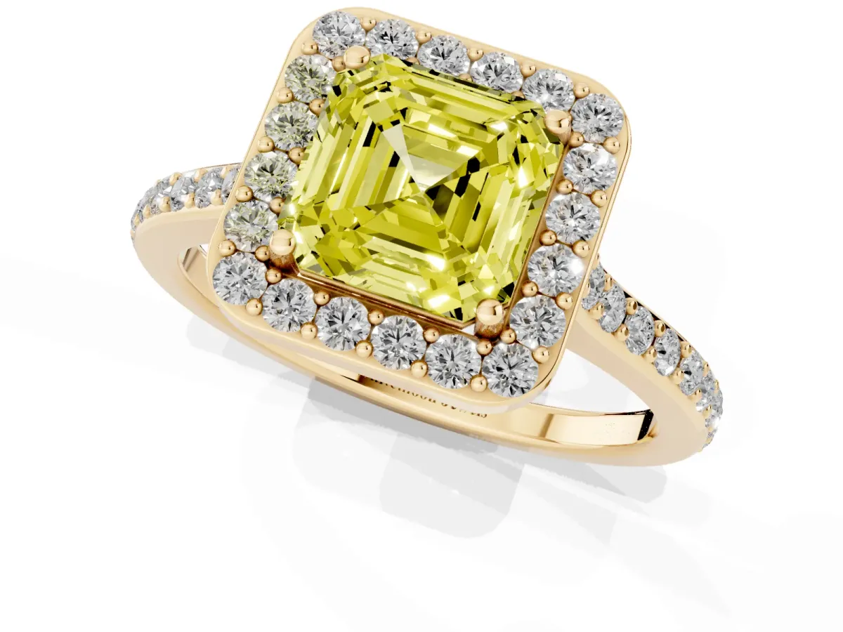 Fancy Yellow Asscher Cut Diamond Halo Engagement Ring with Round Pavé Shoulders and Prong Setting Yellow gold
