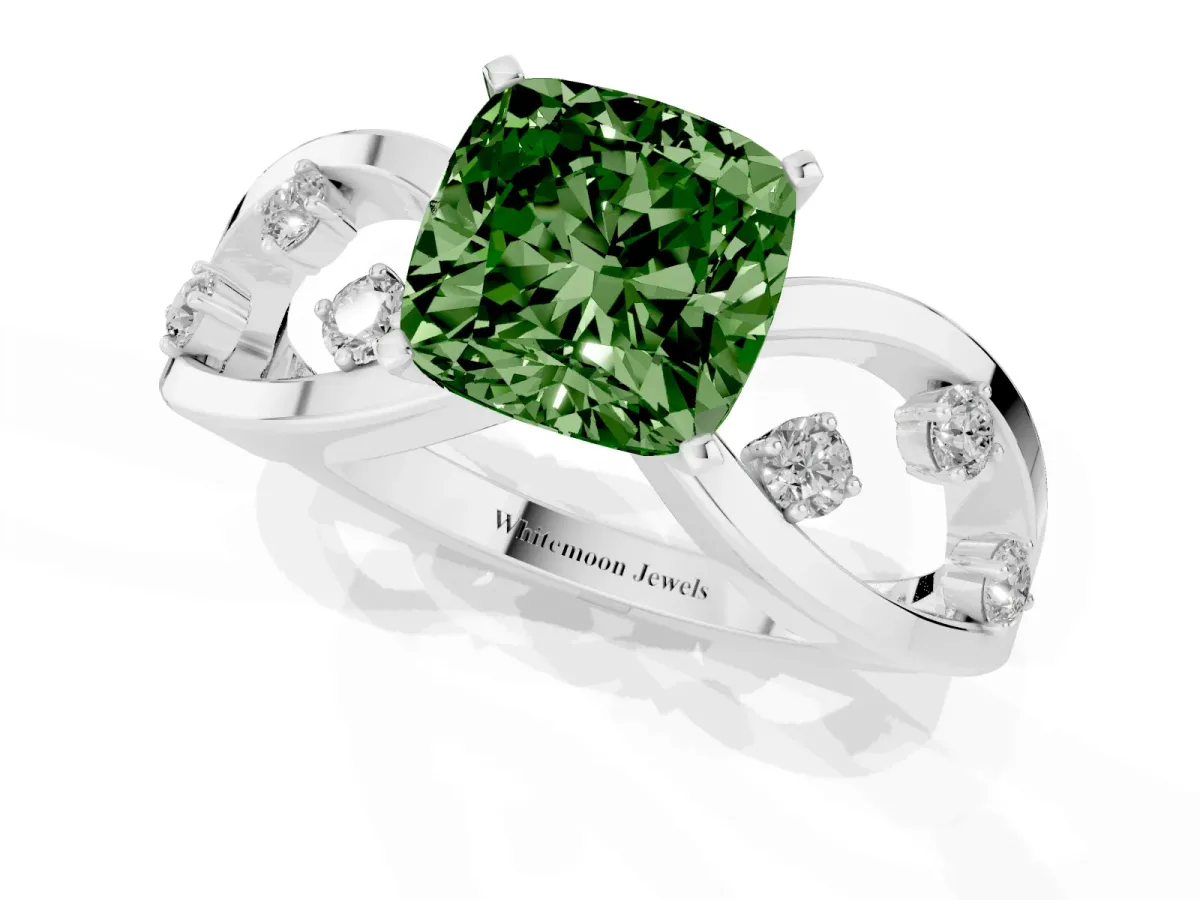 Fancy Green Cushion Cut Cut Solitaire Diamond with Side Stones on Criss-Cross Band and Four-Prong Setting Silver
