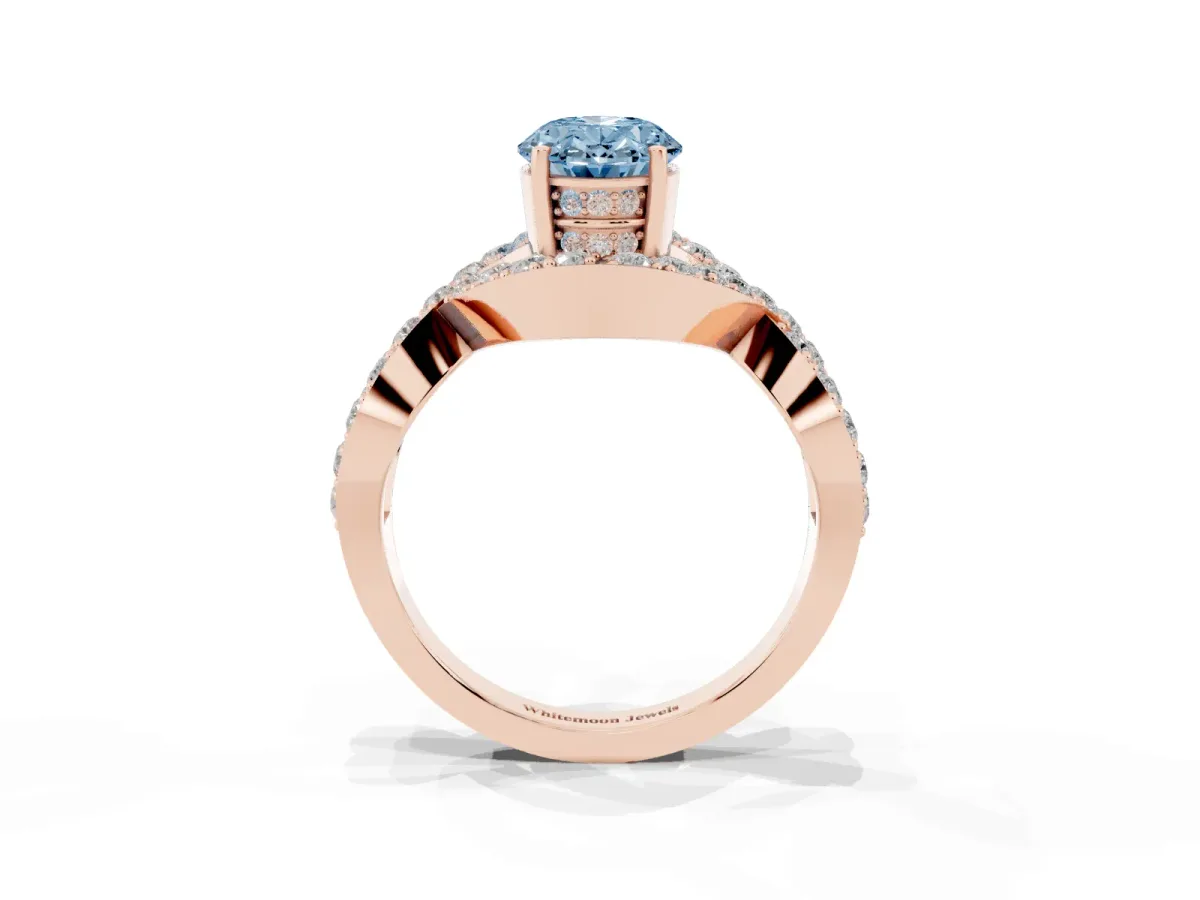 Fancy Blue Oval Cut Solitaire Twist Band Pavé Diamond Engagement Ring Rose gold