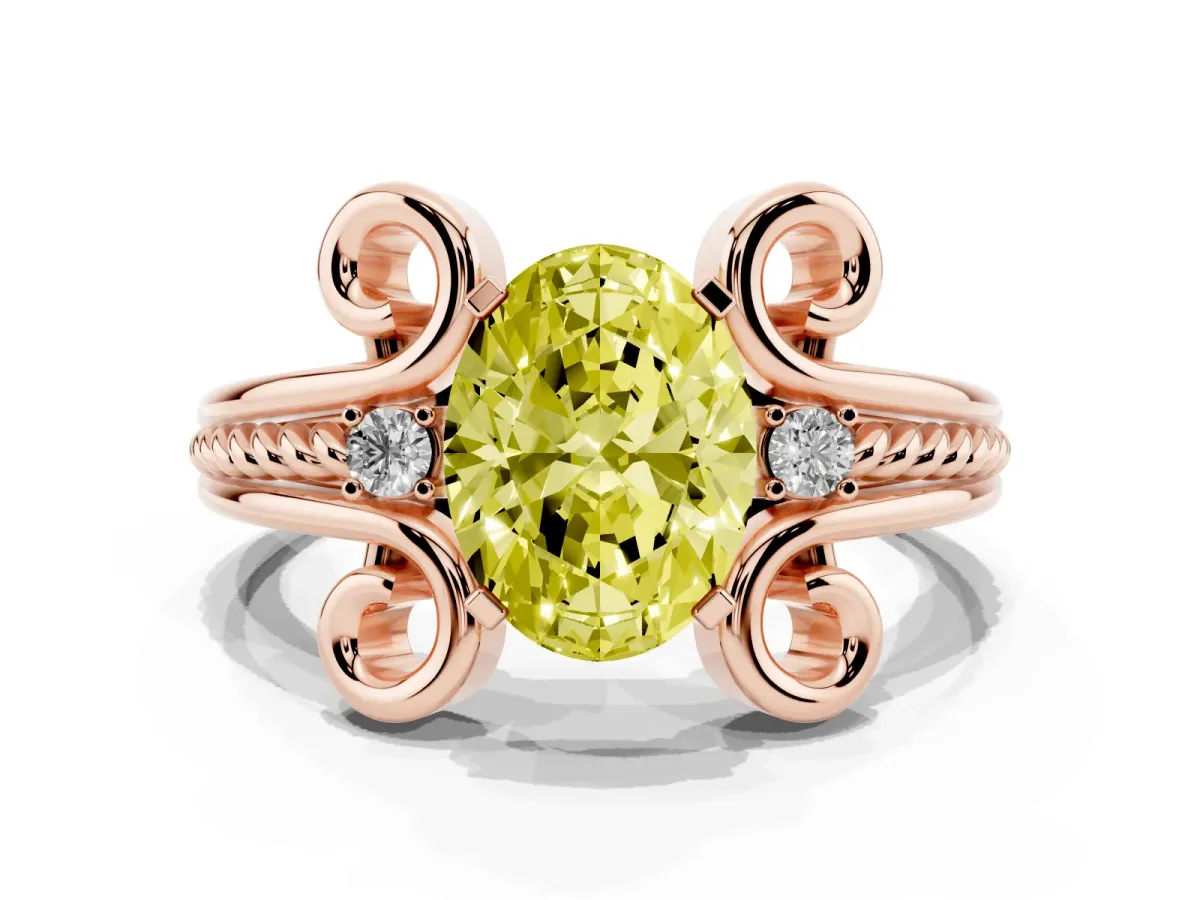 Fancy Yellow Oval Cut Solitaire Twisted Band Scroll Prong Ring Rose gold