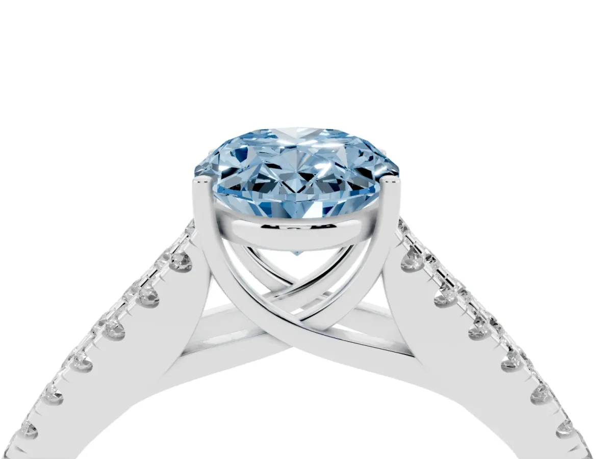 Fancy Blue Oval Cut Diamond Split Shank Engagement Ring with Round Pavé and Prong Setting Silver