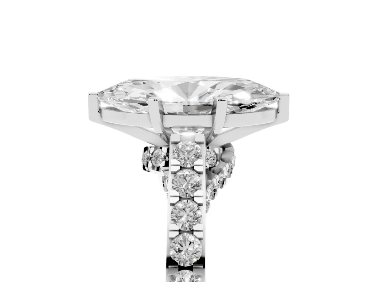 Marquise Cut Diamond Solitaire Ring with Crossover Gallery and Round Pavé Band Platinum