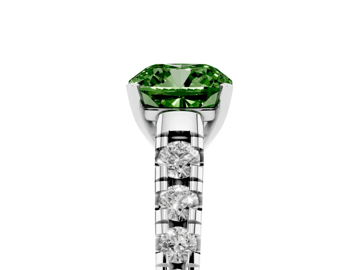 Fancy Green Cushion Cut Diamond Cathedral Solitaire Ring with Round Pavé Band Silver