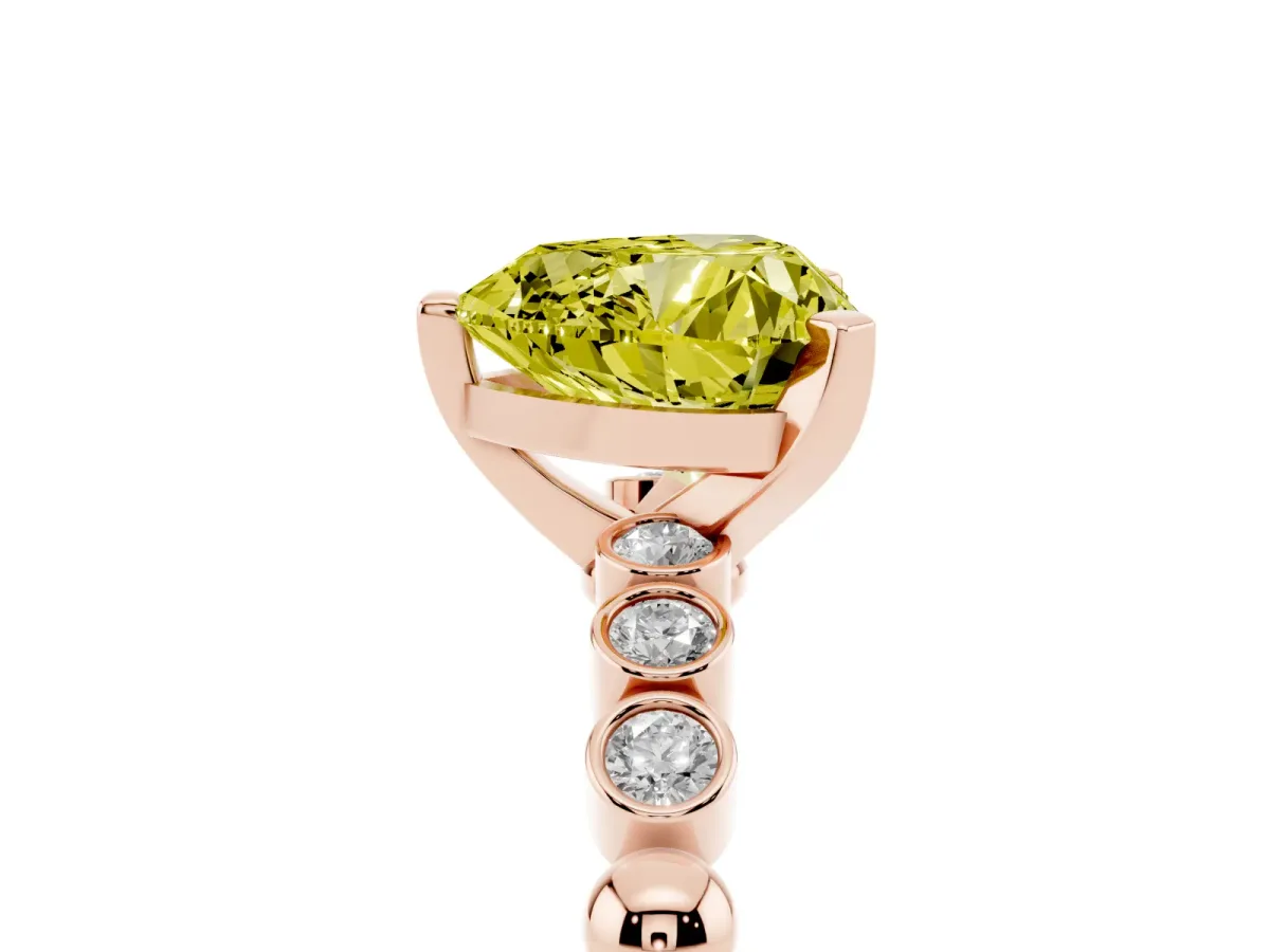 Fancy Yellow Heart Cut Solitaire Bezel Accent Diamond Engagement Ring with Beaded Band and Four-Prong Setting Rose gold
