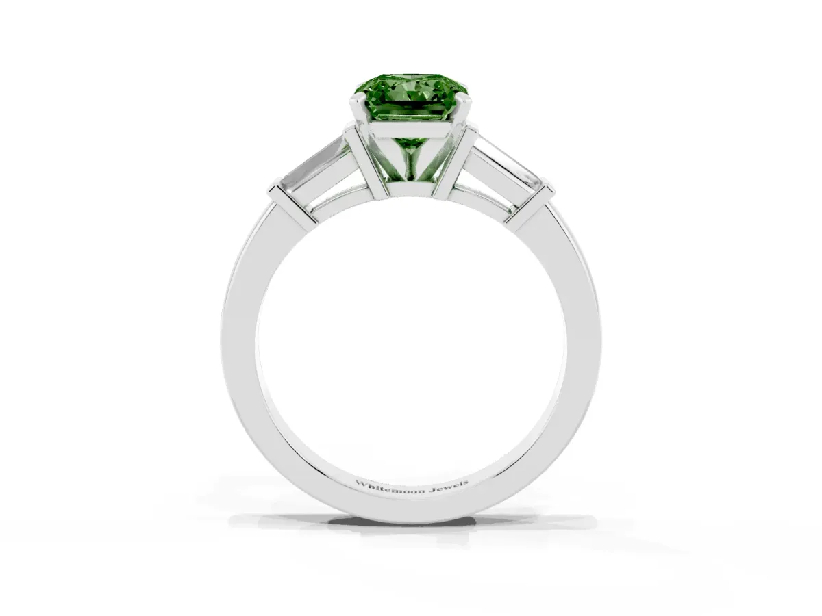 Fancy Green Radiant Cut Cut Diamond Solitaire Ring with Tapered Baguette Accents and Four-Prong Setting White gold