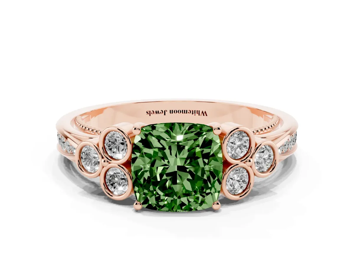 Fancy Green Cushion Cut Cut Diamond Engagement Ring with Bezel Set Round Side Stones and Prong Setting Rose gold
