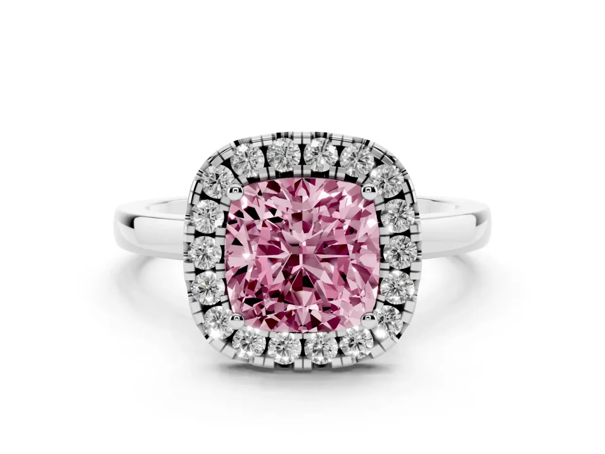 Fancy Pink Cushion Cut Halo Diamond Solitaire with Pavé Band and Four-Prong Setting White gold