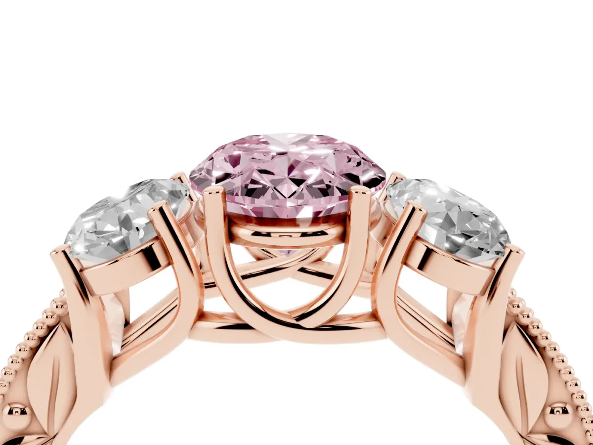 Fancy Pink Three-Stone Oval Cut Cut Milgrain Pavé Engagement Ring Rose gold