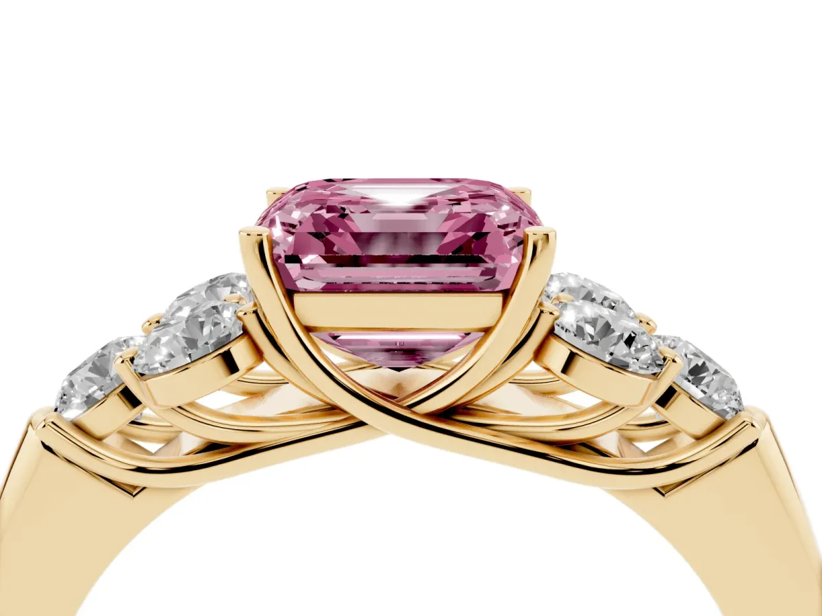 Fancy Pink Asscher Cut Cut Diamond Cluster Ring with Round Accent Stones and Prong Setting on a Classic Band Yellow gold