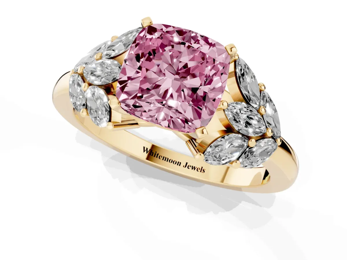 Fancy Pink Cushion Cut Diamond Cluster Leaf Design Ring with Prong Setting Yellow gold