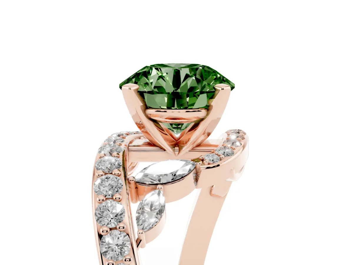 Fancy Green Round Cut Solitaire with Pavé Twist Band and Four-Prong Setting Rose gold