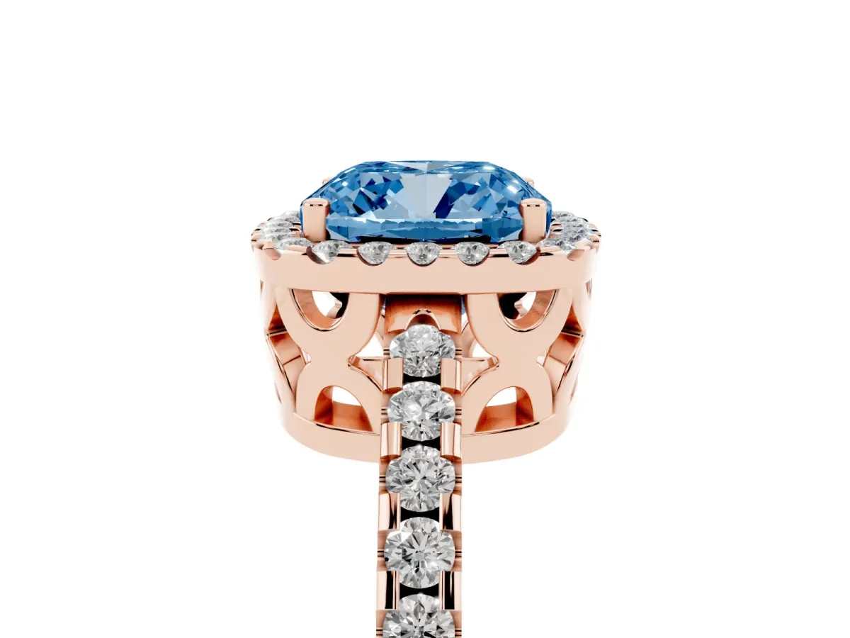 Fancy Blue Cushion Cut Diamond Halo Engagement Ring with Pavé Band and Prong Setting Rose gold