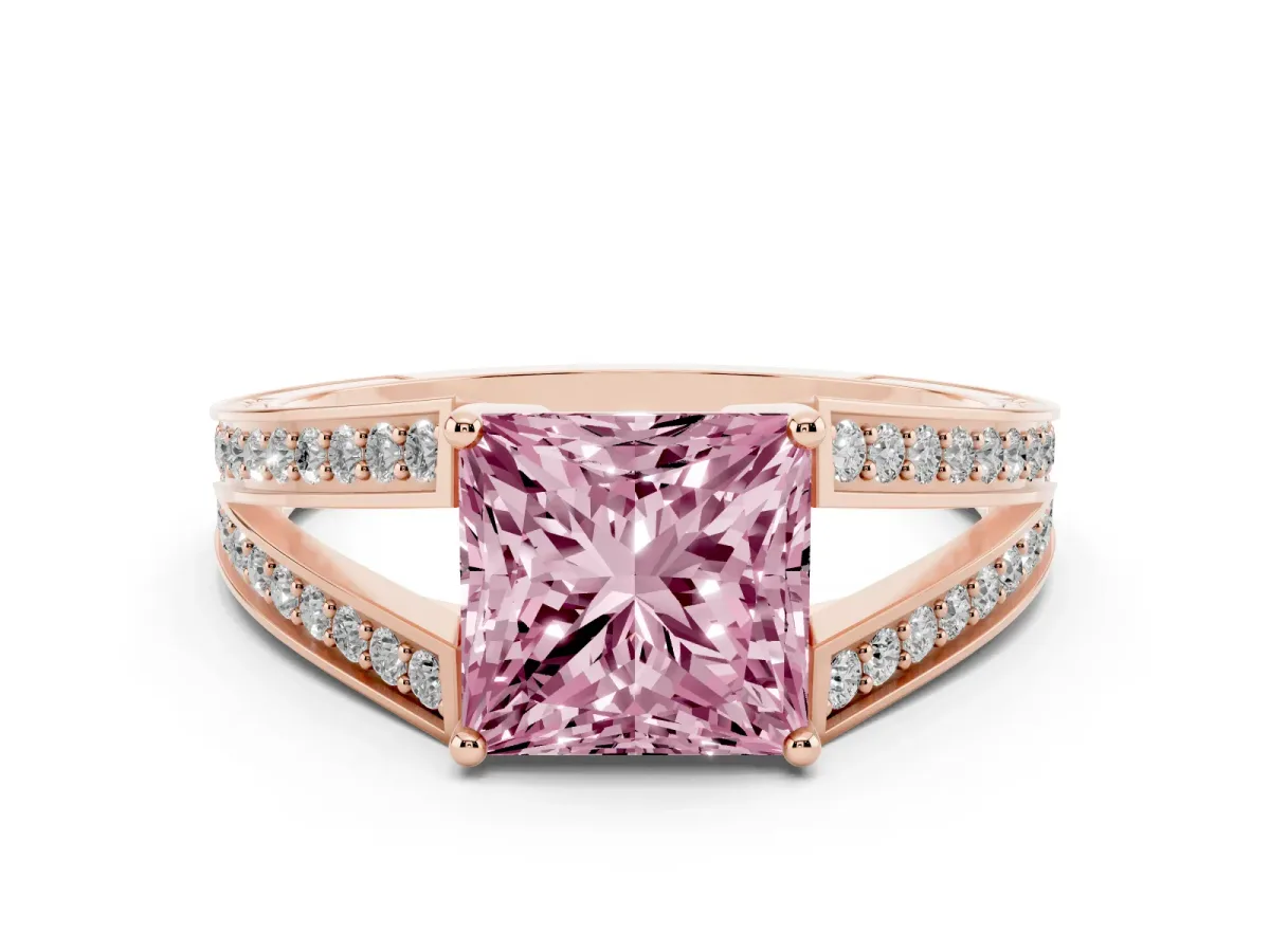 Fancy Pink Princess Cut Diamond Split Shank Ring with Pavé Band and Four-Prong Setting Rose gold