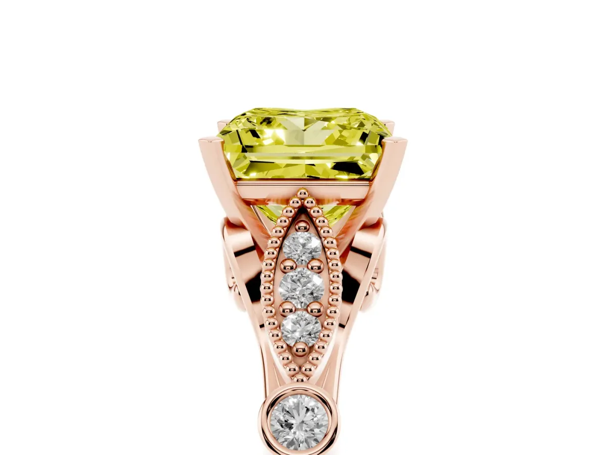 Fancy Yellow Princess Cut Cut Diamond with Milgrain Marquise and Bezel Accents on a Solitaire Band with Prong Setting Rose gold