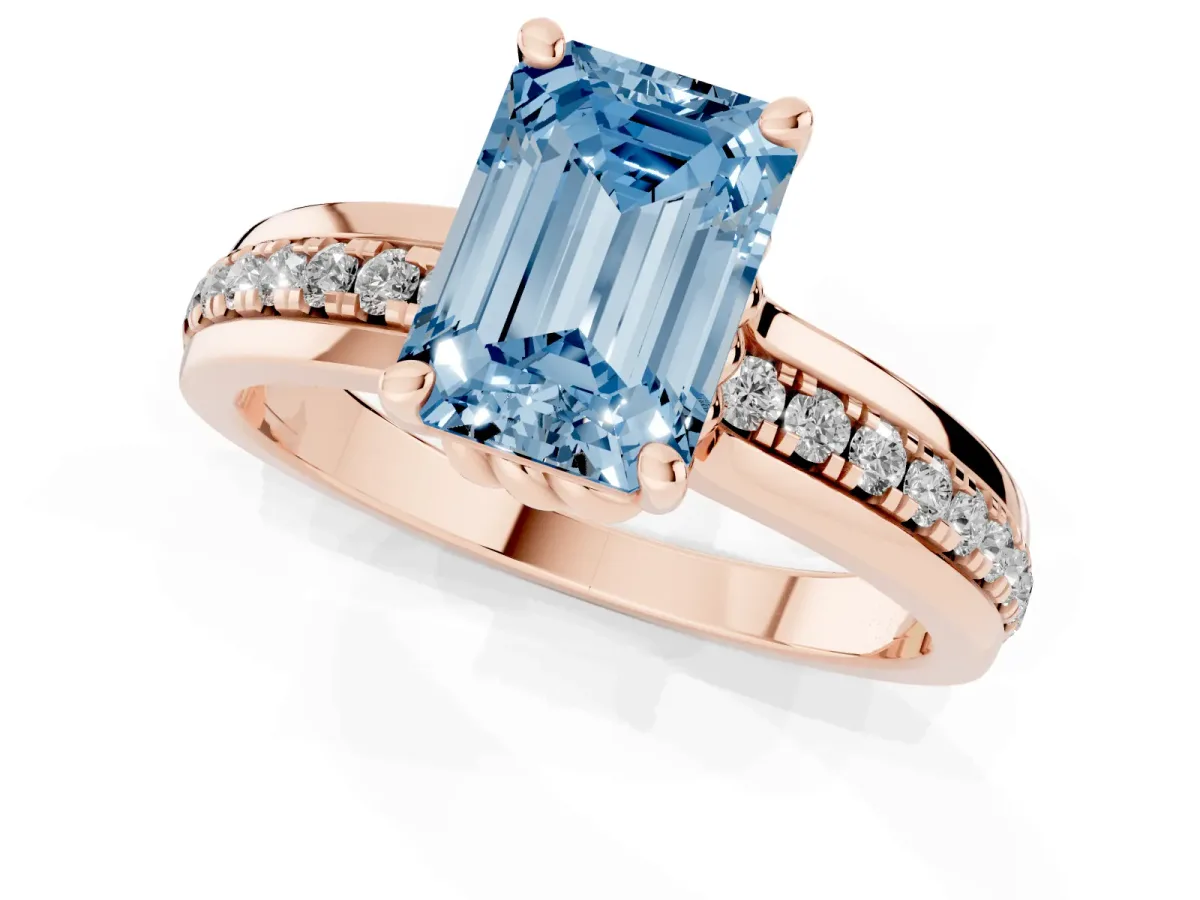 Fancy Blue Emerald Cut Solitaire Diamond Ring with Channel Set Band and Six-Prong Setting Rose gold