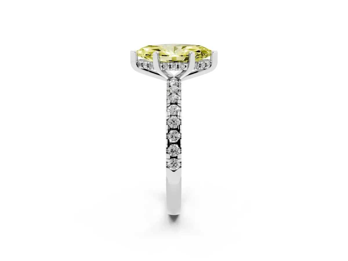 Fancy Yellow Marquise Cut Diamond Solitaire Ring with Round Pavé Band and Four-Prong Setting Silver