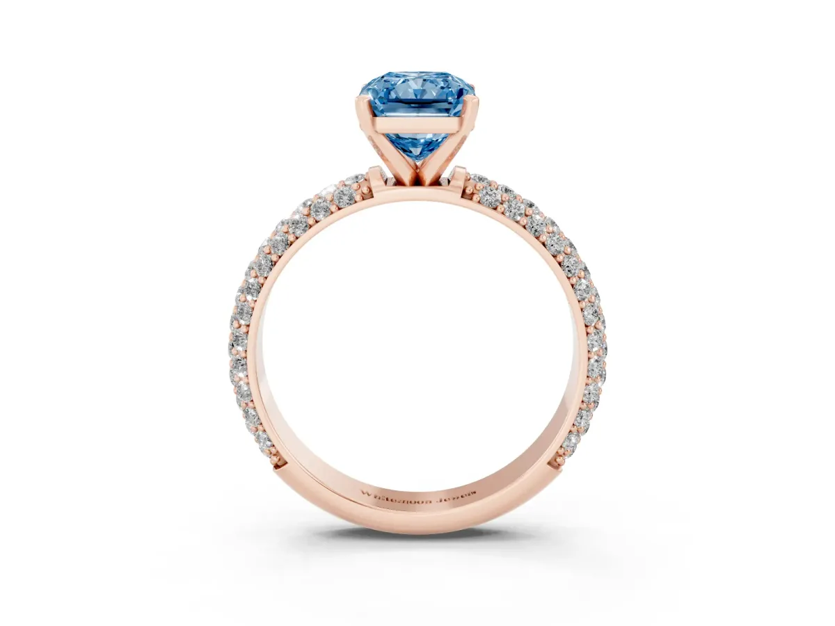 Fancy Blue Radiant Cut Diamond Solitaire Ring with Prong Setting and Pavé Band Rose gold