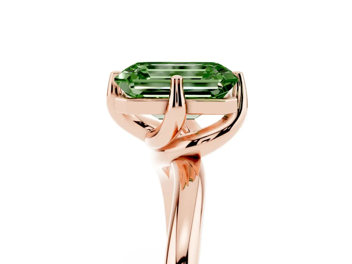 Fancy Green Emerald Cut Diamond Solitaire Engagement Ring with Four-Prong Setting and Classic Band Rose gold