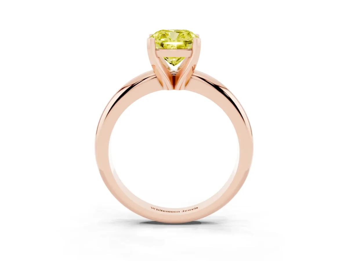 Fancy Yellow Cushion Cut Diamond Solitaire Engagement Ring with Round Band and Four-Prong Setting Rose gold