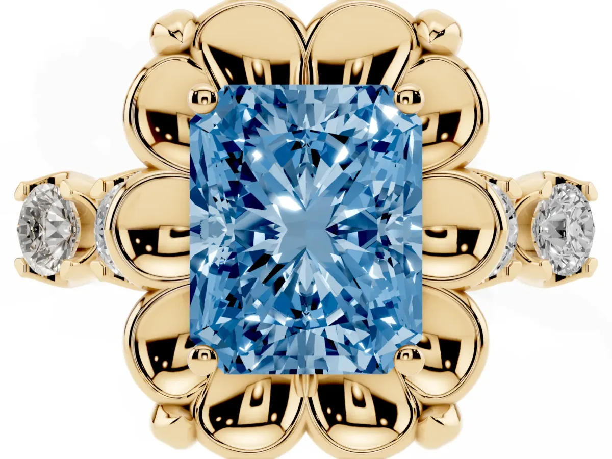 Fancy Blue Radiant Cut Cut Diamond Floral Halo Engagement Ring with Shared Prong Setting Yellow gold