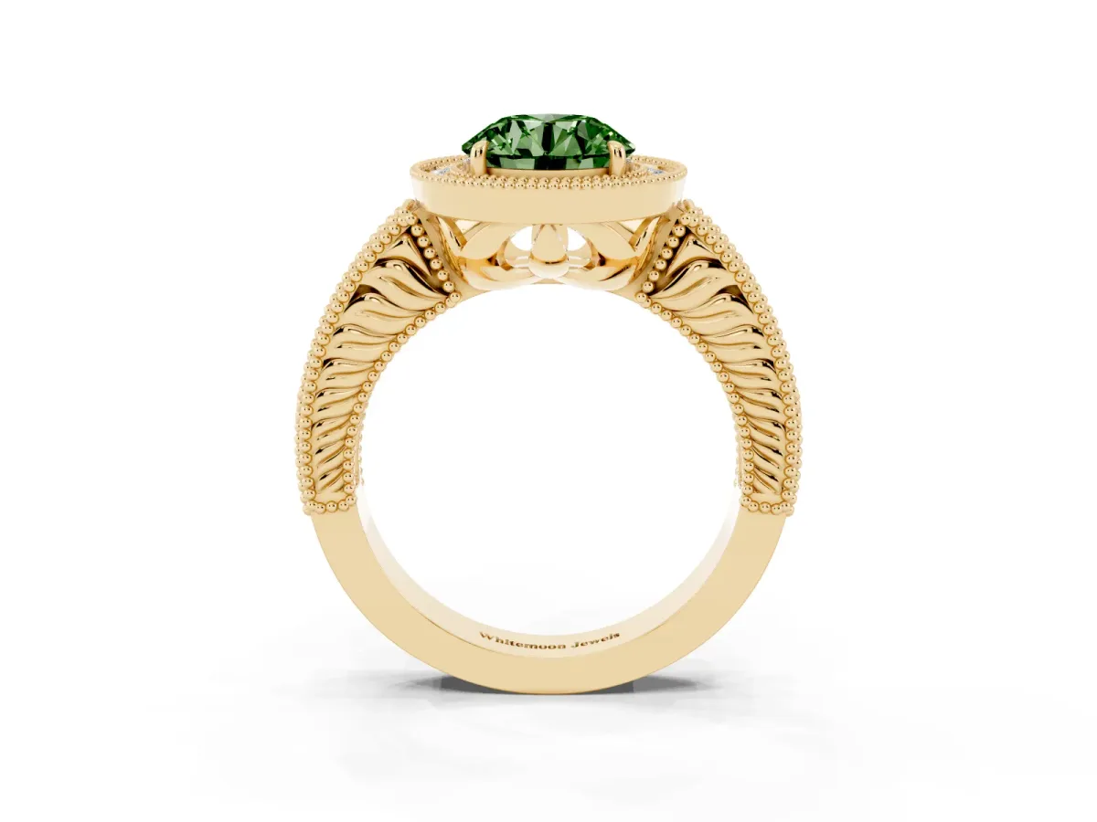 Fancy Green Round Cut Cut Halo Diamond Ring with Pavé Band and Four-Prong Setting Yellow gold