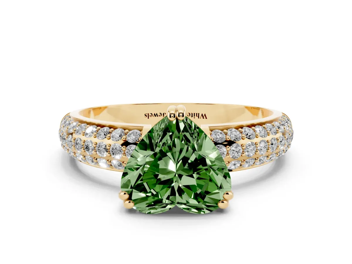 Fancy Green Heart Cut Diamond Solitaire Ring with Multi-Row Round Pavé Band and Prong Setting Yellow gold