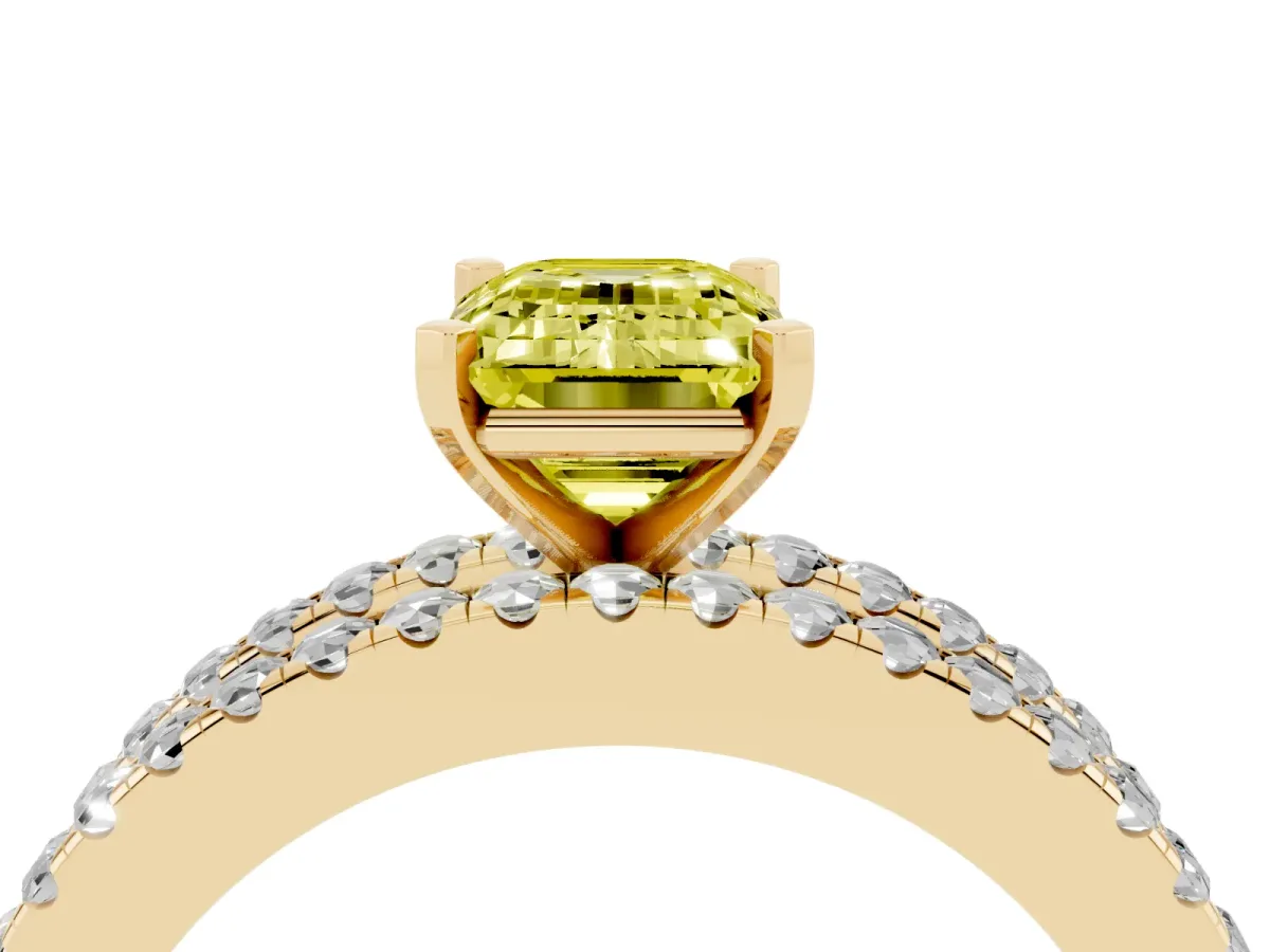 Fancy Yellow Emerald Cut Diamond Solitaire Ring with Pavé and Channel Set Band Yellow gold