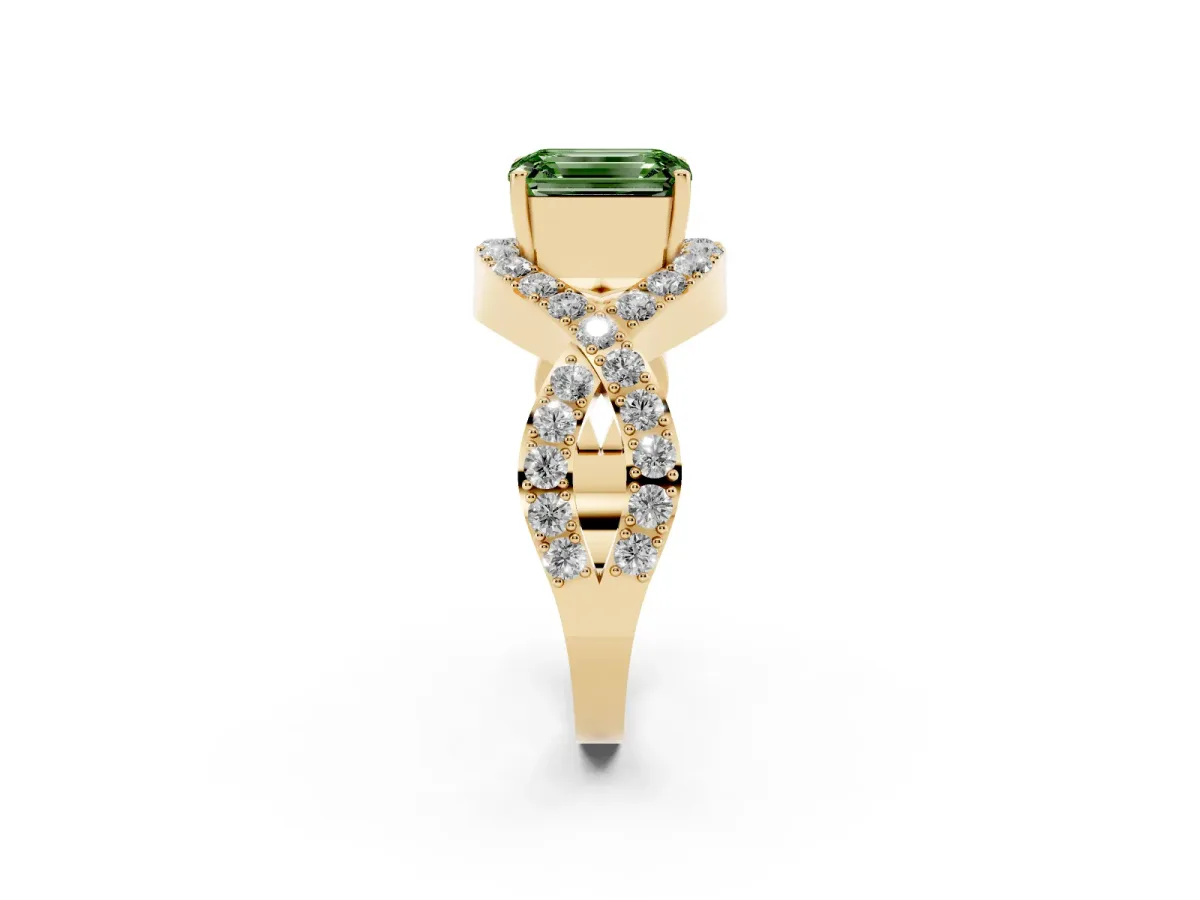 Fancy Green Emerald Cut Solitaire Twist Band Pavé Diamond Engagement Ring Yellow gold