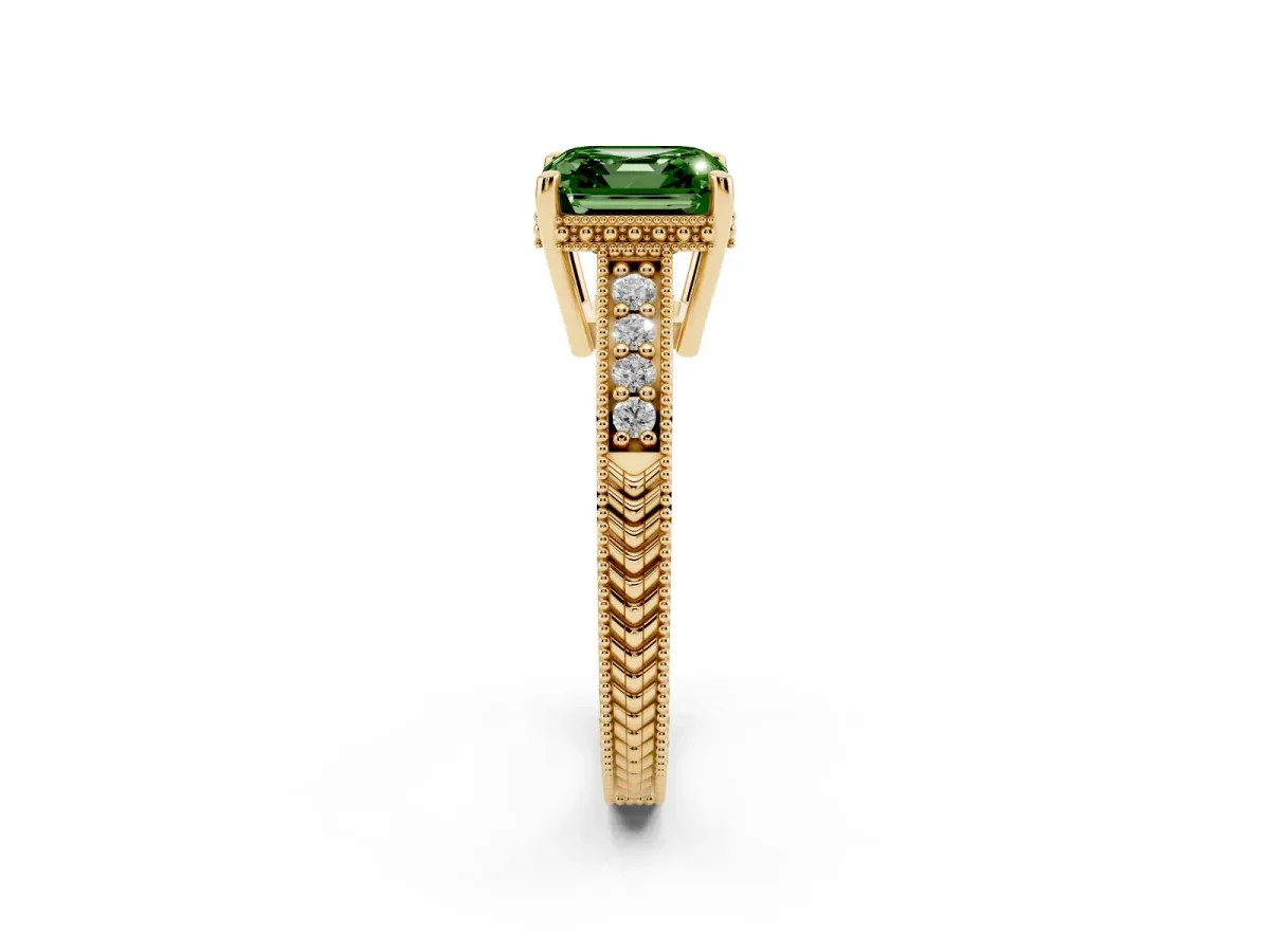 Fancy Green Asscher Cut Solitaire Pavé Diamond Milgrain Engagement Ring with Four-Prong Setting Yellow gold