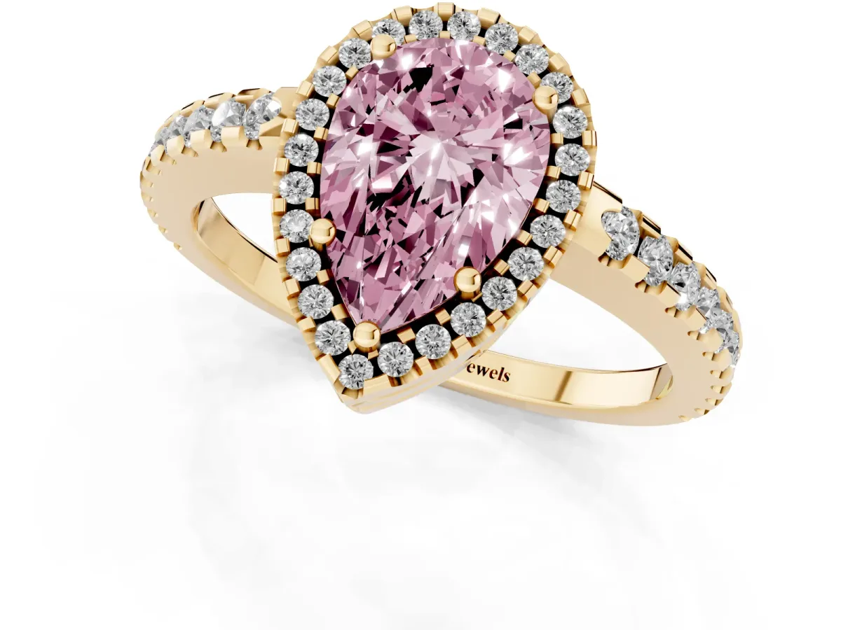 Fancy Pink Pear Cut Diamond Halo Engagement Ring with Pavé Band and Prong Setting Yellow gold