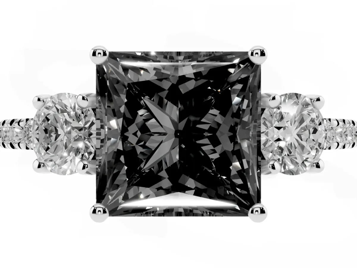 Fancy Black Three-Stone Princess Cut Cut Diamond Pavé Band with Prong Setting Silver