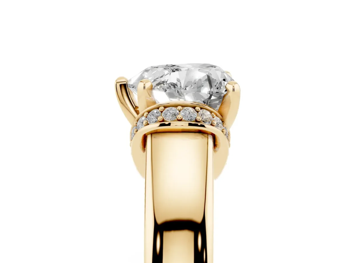 Heart Cut Solitaire Diamond Ring with Pave Band and Six-Prong Setting Yellow gold