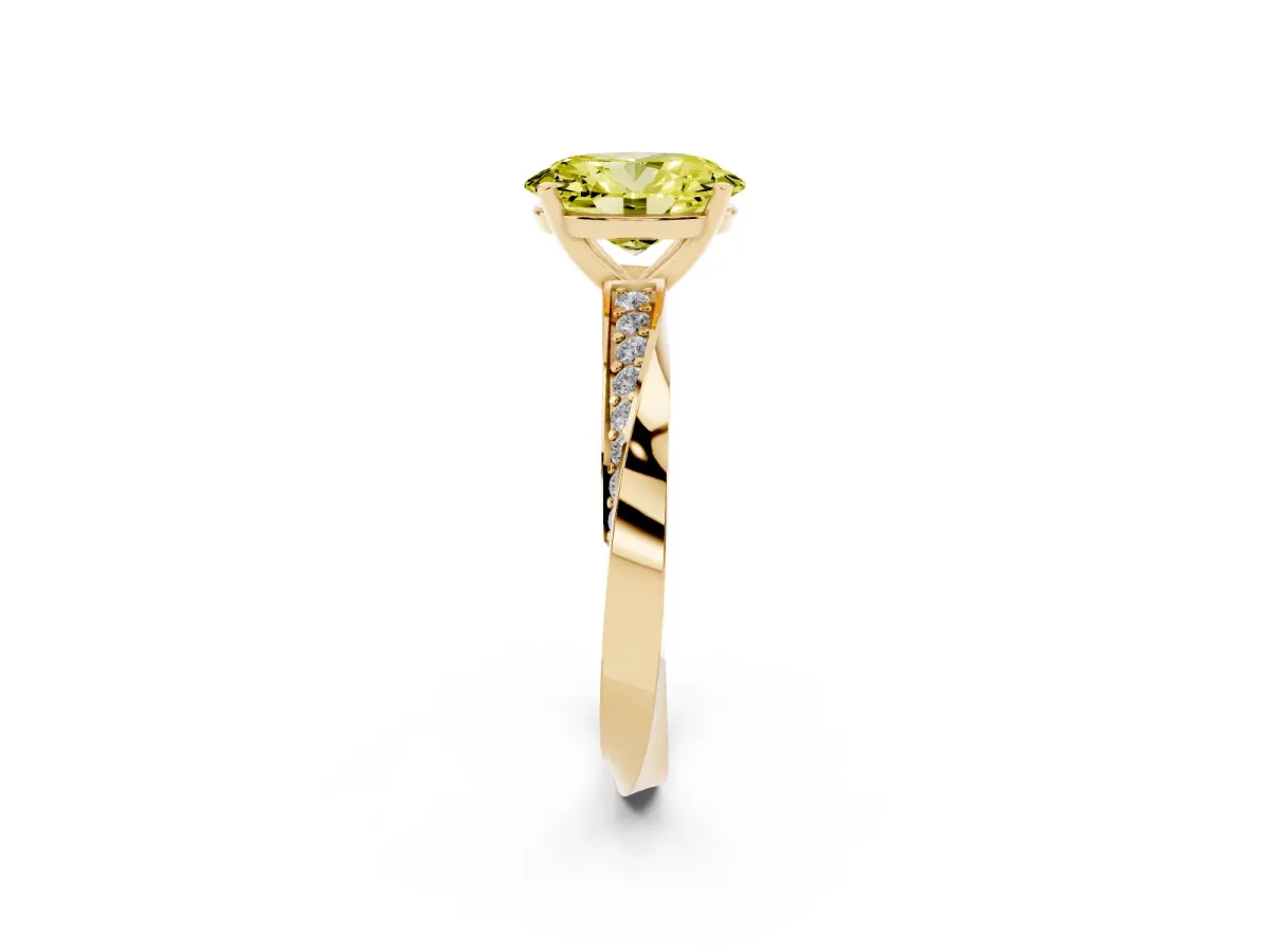 Fancy Yellow Oval Cut Diamond Engagement Ring with Side Stone Accents and Four-Prong Setting Yellow gold