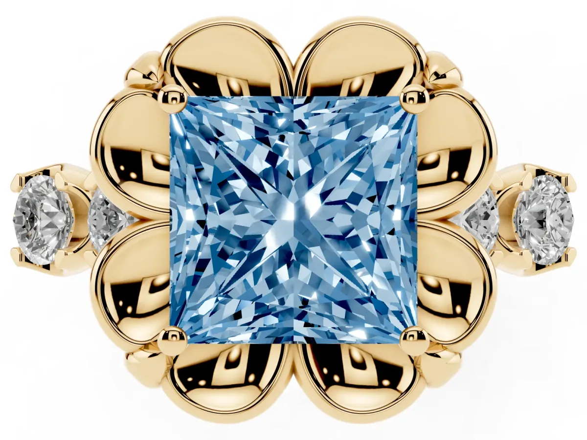Fancy Blue Princess Cut Cut Diamond Floral Halo Engagement Ring with Shared Prong Setting Yellow gold