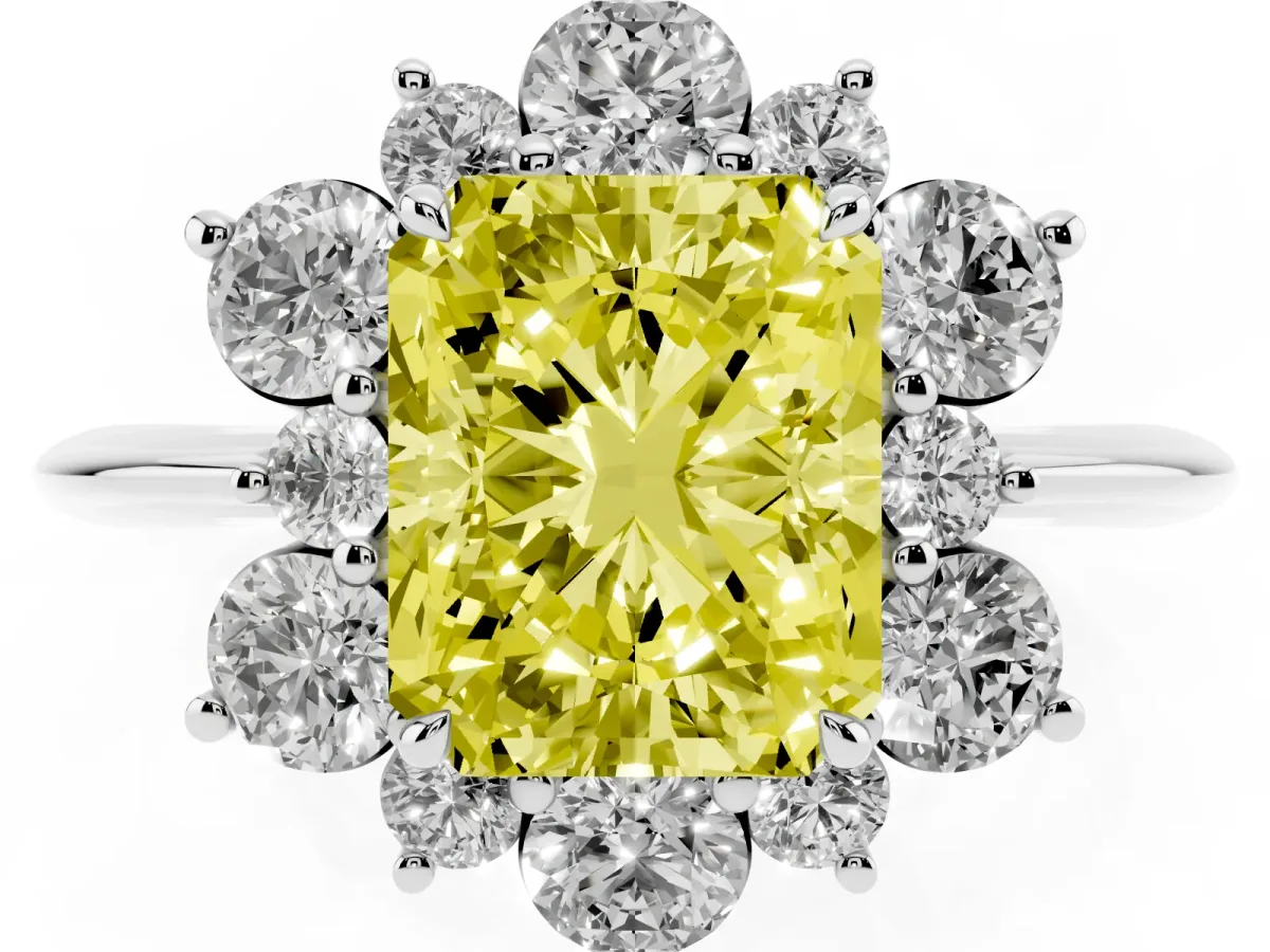 Fancy Yellow Radiant Cut Diamond Cluster Halo Ring with Solitaire Band and Four-Prong Setting Silver