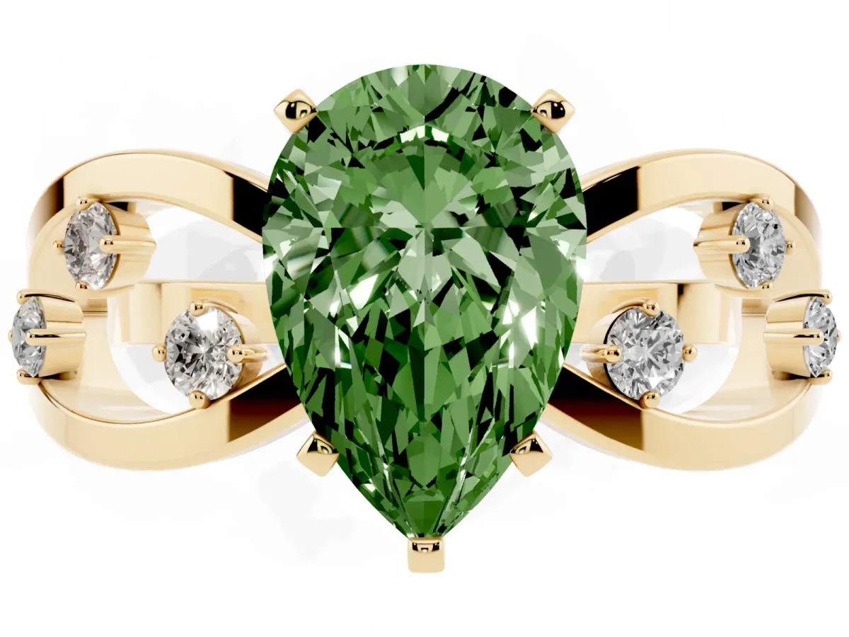 Fancy Green Pear Cut Cut Solitaire Diamond with Side Stones on Criss-Cross Band and Four-Prong Setting Yellow gold