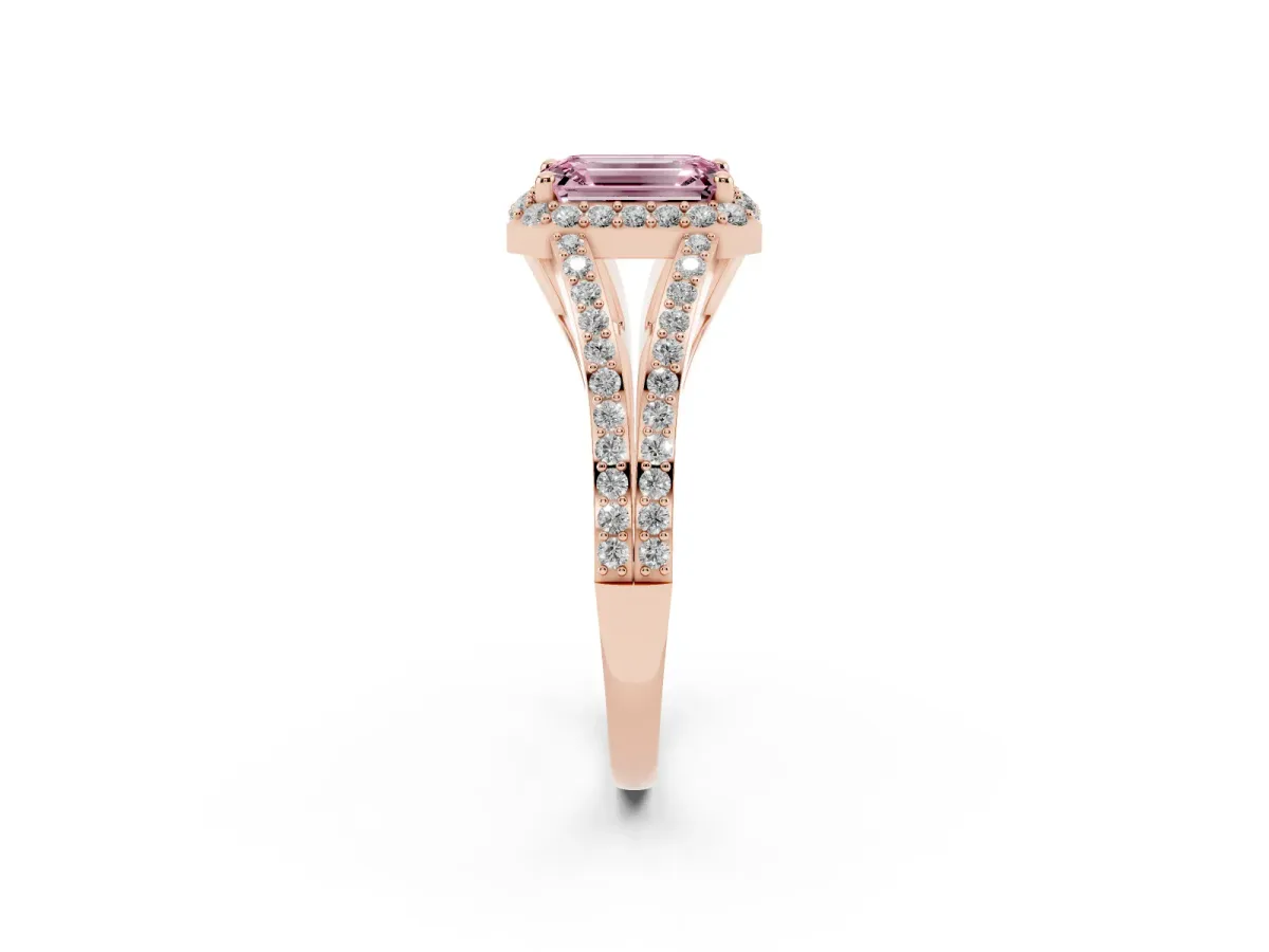 Fancy Pink Emerald Cut Halo Split Shank Pave Diamond Ring with Four-Prong Setting Rose gold